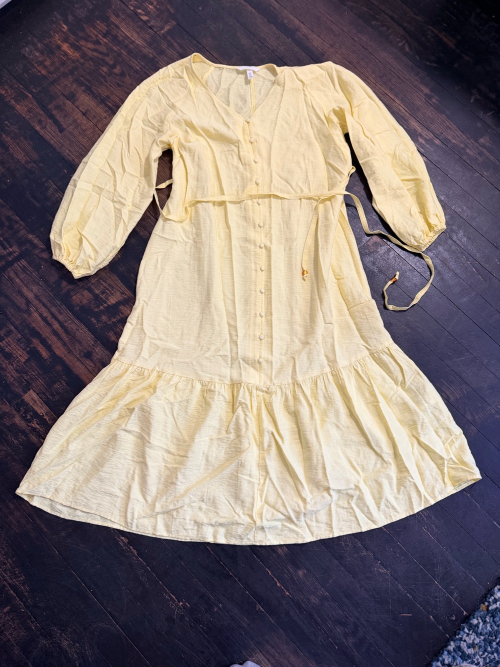 Light Yellow Button-Front Tiered Cotton Dress